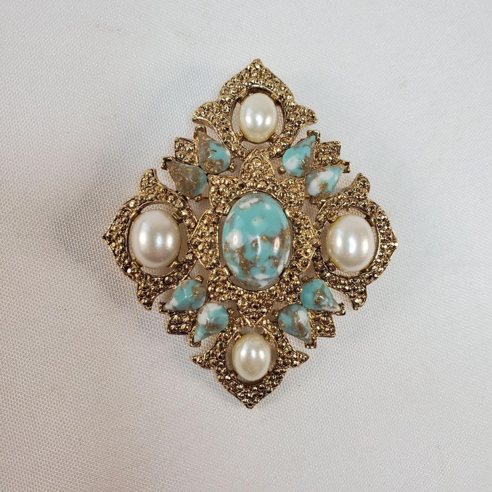 Vintage Sarah Coventry Brooch Pendant Gold With Faux Pearl & Turquoise Stones - Picture 12 of 12